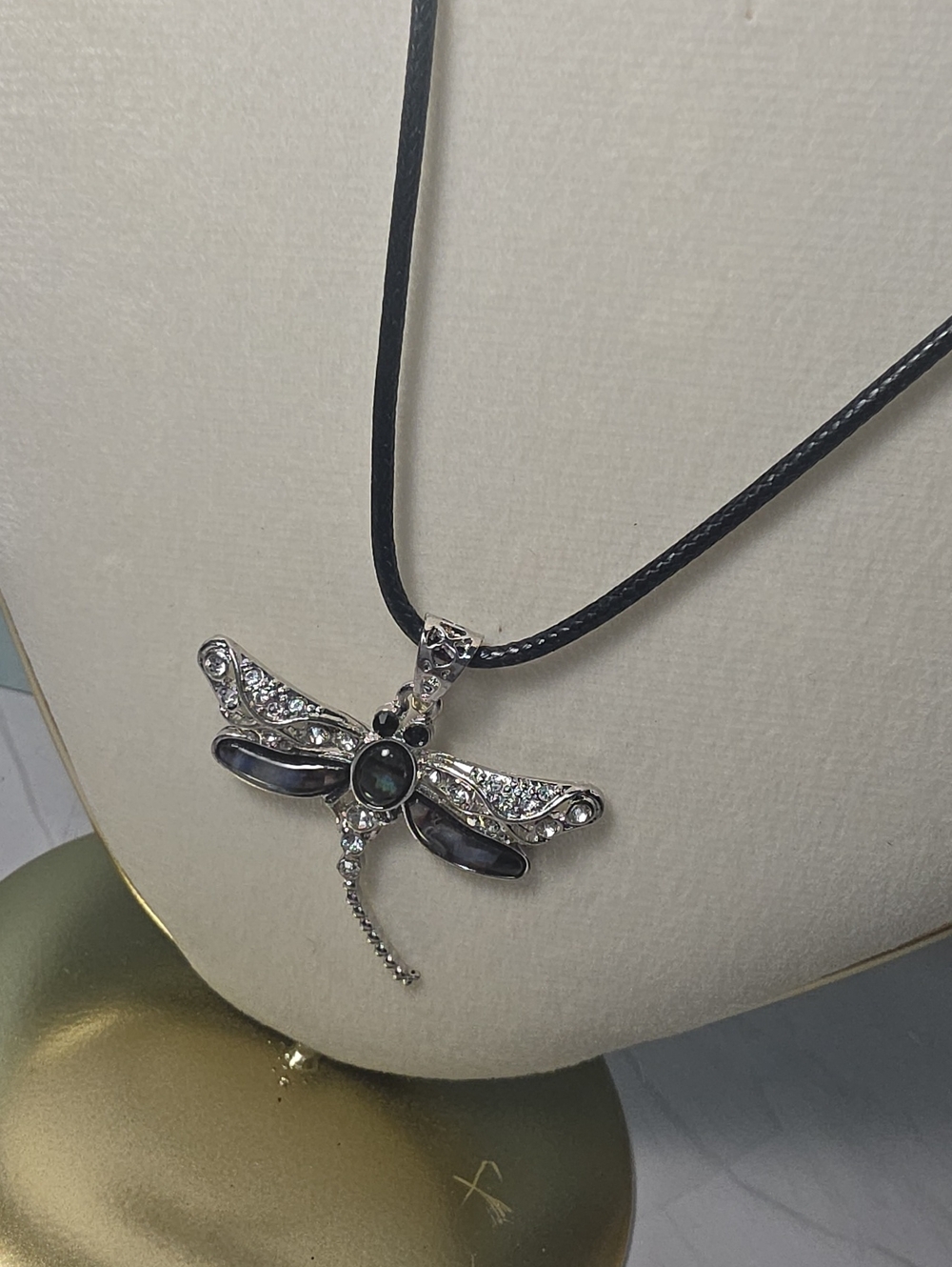 Silver Dragonfly Pendant Necklace with Black Cord